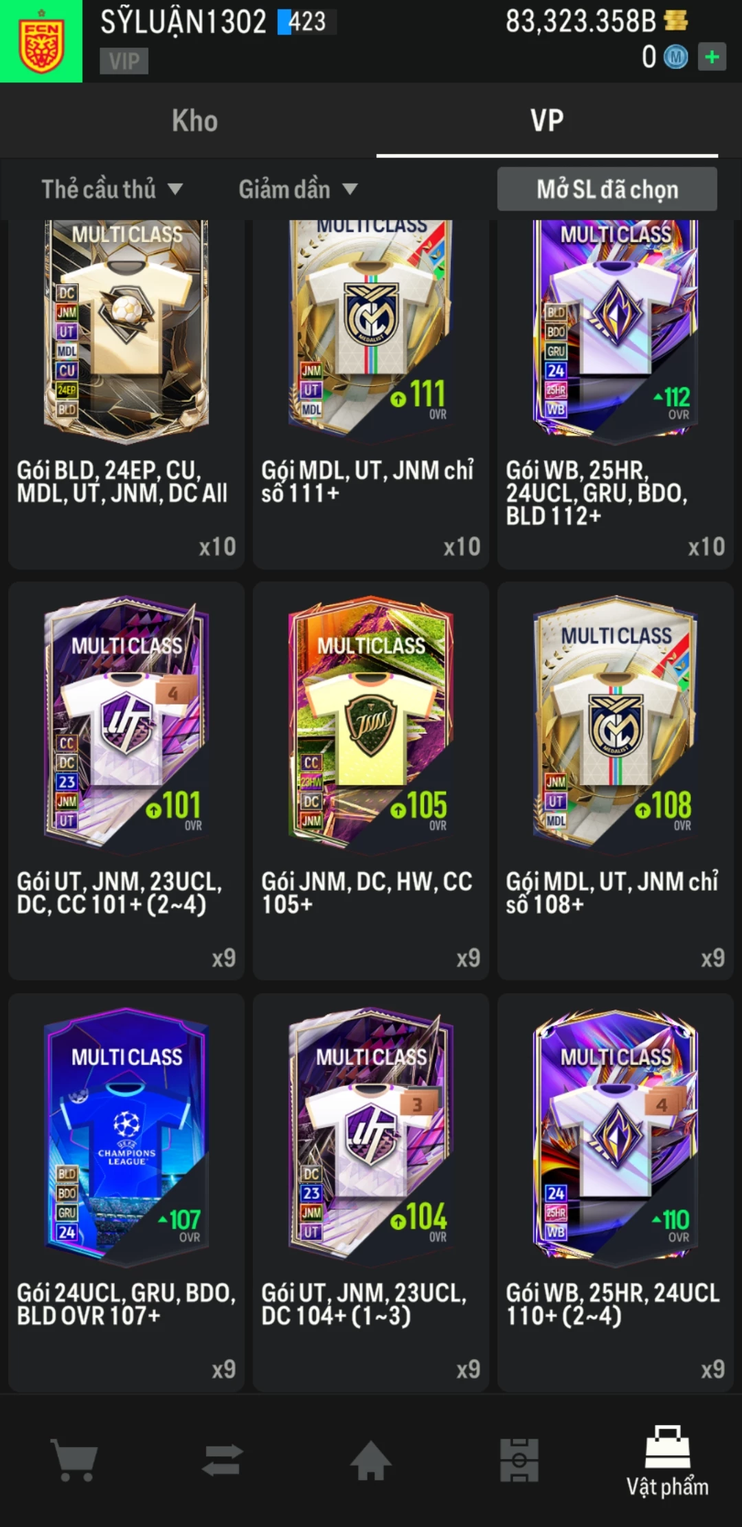 Ảnh ACC mở thẻ (LOẠI SVIP PROMAX) bao gồm có 01 thẻ +12, 03 thẻ PRIME (QH+, CP+, XS+) và hơn 1600+ đến 3500+ thẻ cầu thủ từ Siêu sao đến Miền núi các loại. Acc có sẵn BP trắng từ 55.000 tỷ BP đến 90.000 tỷ BP